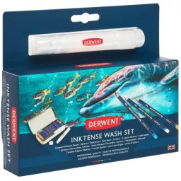 Set desen Derwent Professional Inktense, cutie metalica, creioane colorate, pensula cu rezervor, recipient spray, pensula simpla, 12 buc/set