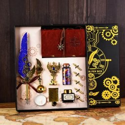 Set cadou Caligrafie Vintage cu Pana albastra, Cerneala, Jurnal si Accesorii Scris, 13 piese
