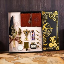 Set cadou Caligrafie Vintage cu Pana neagra, Cerneala, Jurnal si Accesorii pentru Scris, 13 piese