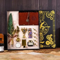 Set cadou Caligrafie Vintage cu Pana verde, Jurnal si Stampila pentru Ceara, Set complet 13 piese