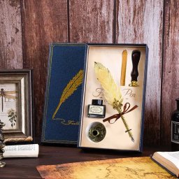Set cadou Caligrafie Vintage cu Pana aurie, Cerneala si Stampila, 5 piese