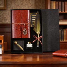 Set cadou Caligrafie Vintage cu Pana aurie, Jurnal si Suport pentru stilou, 9 piese