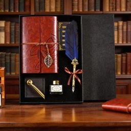 Set cadou Caligrafie Vintage cu Pana albastra , Jurnal si Suport pentru stilou, 9 piese