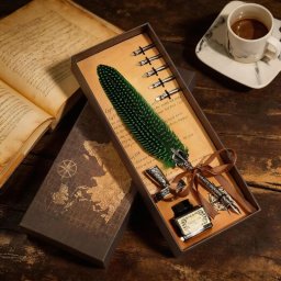 Set cadou Caligrafie Vintage cu Pana paun verde si Cerneala si Accesorii, 7 piese