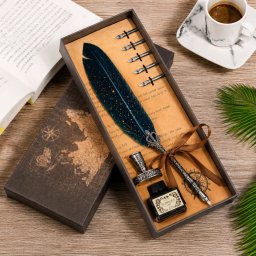 Set cadou Caligrafie Vintage cu Pana albastra si Cerneala si Accesorii, 7 piese