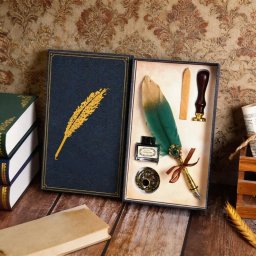 Set cadou Caligrafie Vintage cu Pana bicolora auriu verde si Accesorii pentru Sigiliu, 5 piese