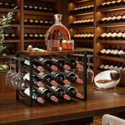 Suport vin pentru 12 sticle si 6 pahare, design vintage