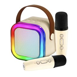 Set Karaoke cu Boxa Difuzor si 2 Microfoane Wireless, cu bluetooth, acumulator, crem