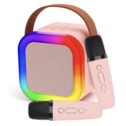 Set Karaoke cu Boxa Difuzor si 2 Microfoane Wireless, cu bluetooth, acumulator, roz