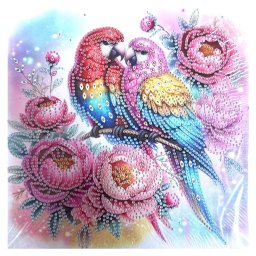 Tablou YY74, Papagali si Bujori, cu Diamante, cu Umplere partiala, cu rama, 25x25 cm