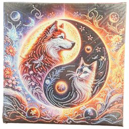 Tablou YY86, Yin si yang, Lup si Pisica, cu Diamante, cu Umplere partiala, cu rama, 25x25 cm