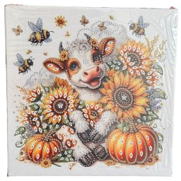 Tablou YY83, Vacuta, Flori si Dovleci, cu Diamante, cu Umplere partiala, cu rama, 25x25 cm