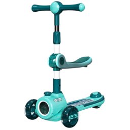 Trotineta 2022 verde, cu scaun, 3 roti LED, muzica, pliabila, reglabila, 3-12 ani