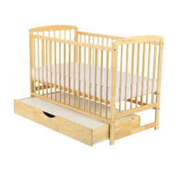 BabyNeeds - Patut din lemn Ola 120x60 cm, Cu sertar cu capac, Din lemn de pin si mdf, Stabil si rezistent, Inaltime saltea reglabila pe 3 nivele, Laterala cu 3 bete detasabile, EN716-1, EN716-2, Natur