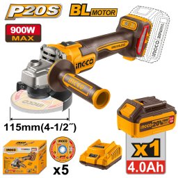Flex Unghiular Profesional 20V 115mm 900W Brushless INGCO CAGLI261521E, 3000/6000/9000 rpm, filet M14, 1 acumulator 4Ah + incarcator + accesorii incluse