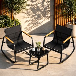 SONGMICS Set mobilier gradina cu 2 scaune balansoar si masa, cadru metalic, negru