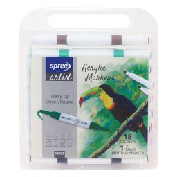 Set 18 culori markere cu doua capete FLEXI ACRILIC+marker contur, cutie PP