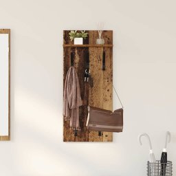 Cuier de perete cu raft si carlige, lemn vechi, 40x10x90 cm