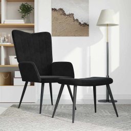 Scaun de relaxare cu taburet, negru, catifea GartenMobel Dekor