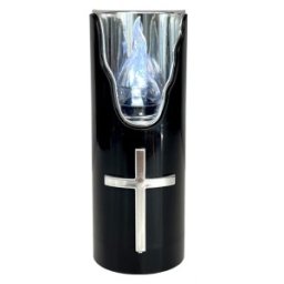 Set 2 x Candela Electronica Neagra, Flacara Alba, Ornament Cruce Argintie, 125 x 50 mm, 50 Zile