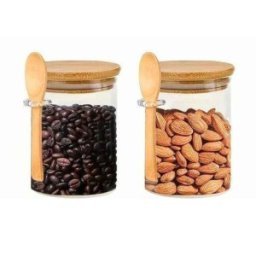 Set 2 x Recipiente din Sticla Borosilicata cu Capac din Bambus si Lingurita, 700 ml, 2 Bucati, Newalor