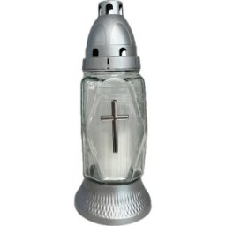 Set 3 x Candela din Sticla, Alba, cu Cruce Argintie
