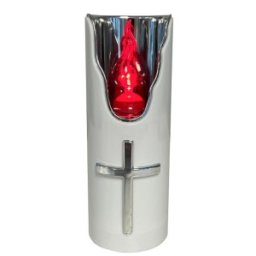 Set 2 x Candela Electronica Alba, Flacara Rosie, Ornament Cruce Argintie, 125 x 50 mm, 50 Zile