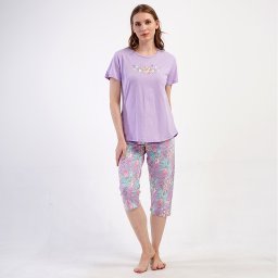 Pijama Damă cu Pantalon Trei Sfert Vienetta 'Lavender Bloom' Bumbac Natural Respirabil
