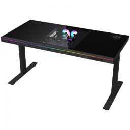 Birou gaming LORGAR DESK ELITE 90, sticla calita, ajustare electrica inaltime 720-1160 mm, dimensiuni 1405x680 mm, incarcare wireless 15W, iluminare RGB, Negru