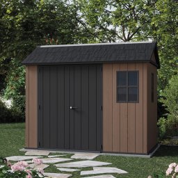 Casuta de gradina, Keter, maro, colectie Newton Plus, 9x7.5, podea, ventilatie, usa dubla, intrare laterala, ransforsare metalica, 230x287x246 cm