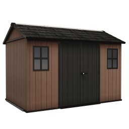 Casuta de gradina, Keter, maro, colectie Newton Plus, 11x7.5, podea, ventilatie, usa dubla, intrare laterala, structura metalica, 230x350x246 cm
