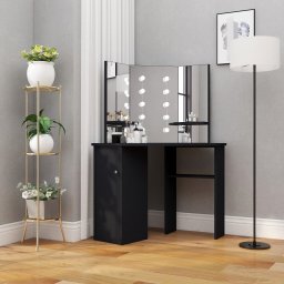 Masa de toaleta de colt, cu LED, negru, 111x54x141,5 cm GartenMobel Dekor