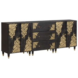 Set dulap baie 3 pcs Negru 180 x 33 x 75 cm Lemn de mango solid GartenMobel Dekor