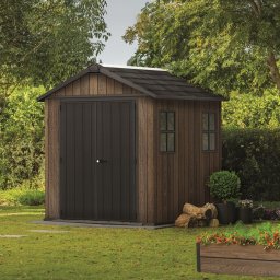 Casuta de gradina, Keter, maro nuc, 223.8x230x246 cm, colectie Apex 7.5x7/7x7.5, cu doua optiuni de asamblare, usa dubla, ferestre, ventilatie