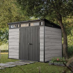 Casuta de gradina, Keter, gri, 9x7, colectie Deco Pent Signature, usa dubla, ferestre, ventilatie, ranforsare metalica