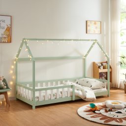 Pat copii tip casuta Hesel 90x200 cm cu protectie, verde menta