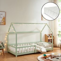 Pat copii tip casuta Hesel 90x200 cm cu saltea, protectie, verde menta