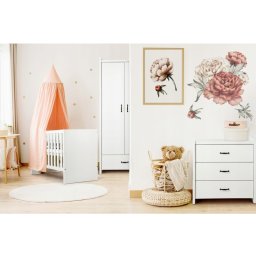 Set mobilier camera bebe Klups Amelia alb cu patut, comoda, dulap si saltea