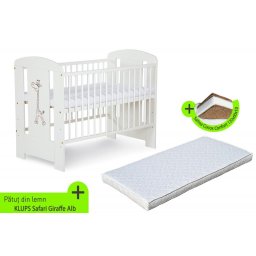 Patut bebe KLUPS Safari Giraffe alb din lemn cu saltea cocos 120x60