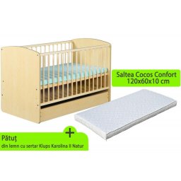 Patut bebe KLUPS Karolina II Natur cu sertar si saltea cocos 120x60 cm