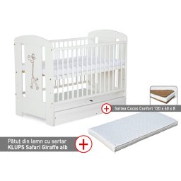 Patut bebe KLUPS Safari Giraffe alb cu sertar si saltea cocos 120x60