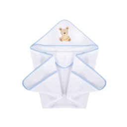 Prosop de baie pentru bebelusi Klups Teddy Blue cu capison, 100x100 cm
