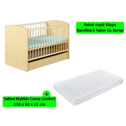 Patut bebe KLUPS Karolina II natur cu sertar si saltea 120x60x12 cm