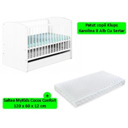 Patut bebe KLUPS Karolina II alb cu sertar si saltea cocos 120x60x12 cm
