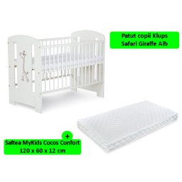 Patut bebe Klups Safari Giraffe alb cu saltea cocos Confort 120x60x12 cm
