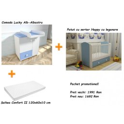 Set mobilier bebe MyKids Lucky alb-albastru cu patut, comoda si saltea