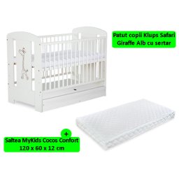 Patut bebe KLUPS Safari Giraffe alb cu sertar si saltea 120x60x12
