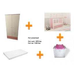 Set mobilier camera bebelusi Klups Korona alb-roz cu patut, comoda si saltea