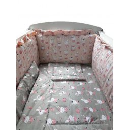 Lenjerie pentru patut bebe Dancing Bunny gri-roz, 5 piese, 120x60 cm