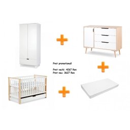 Set mobilier camera bebe Klups IWO alb natur cu patut, dulap si saltea